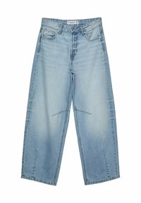 Vaaleansiniset leveälahkeiset farkut, jotka on valmistettu denimi-kankaasta. Niissä on korkeavyötärö, etutaskut ja hillitty haalistuma. Polvissa erottuva ompelukoristelu.