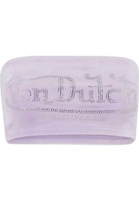 Lilla fløyels hårbånd med en metallisk sølv "Von Dutch"-logo, pyntet med rhinestones, glatt tekstur og elastisk design.