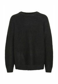 Pulover negru tricotat cu guler rotund, mâneci lungi și manșete și margine ribbate. Are un material texturat și moale.