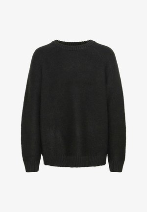 Svart strikkegenser med rund hals, lange ermer, og ribbestrikkede mansjetter og kant. Har et teksturert, mykt stoff.