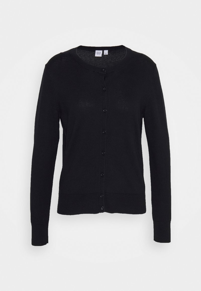 Schwarzer Cardigan mit langen Ärmeln, durchgeknöpftem Vorderteil und geripptem Saum. Hergestellt aus weichem Strickmaterial mit glatter Textur.