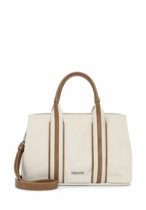Cremefarbene Handtasche mit braunen vertikalen Streifen, doppelten Griffen und abnehmbarem Schulterriemen, mit einem kleinen Metall-Logo der Marke vorne.