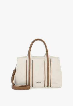 Cremefarbene Handtasche mit braunen vertikalen Streifen, doppelten Griffen und abnehmbarem Schulterriemen, mit einem kleinen Metall-Logo der Marke vorne.