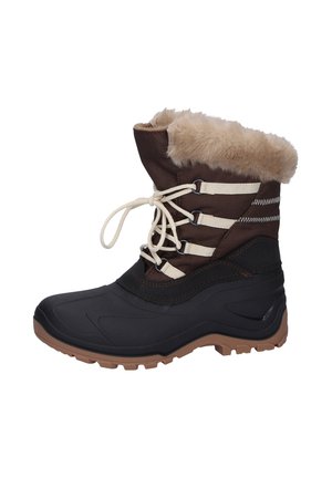 Brauner und schwarzer Winterstiefel mit Fellfutter, beigen Schnürsenkeln und profilierter Sohle für besseren Halt, für kaltes Wetter konzipiert.