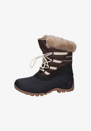 Brown and black winter boot with fur lining, beige laces, and textured sole for traction, designed for cold weather.