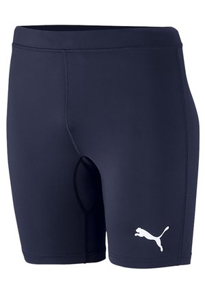 Mørkeblå tætsiddende shorts med elastisk talje, lavet af strækbart materiale, med et hvidt Puma-logo på venstre side.