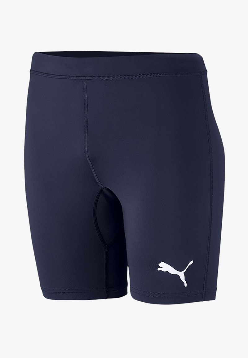 Shorts ajustés bleu marine avec une taille élastique, fabriqués à partir d'un matériau extensible, présentant un logo Puma blanc sur le côté gauche.