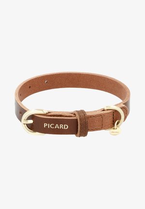 Brown leather bracelet with a lighter interior, featuring a gold-tone buckle and logo detail. Smooth texture and adjustable fit with holes.