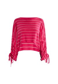 Vaaleanpunainen lyhyt neulepusero, jossa on vaakasuoria valkoisia raitoja, ruusutaskut hihassa, joissa on sidontanauhat, ja leveä venepääntie. Pehmeä neuletekstuuri.