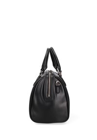 Sac à main en cuir noir de forme arrondie, avec deux poignées supérieures et une fermeture éclair. Il présente une fermeture à glissière en argent et une petite boucle de fixation.