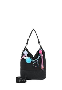 Sac seau en tissu noir avec une finition texturée, orné de charms colorés et de cordons, et doté d'une bandoulière ajustable avec le texte "fruit".