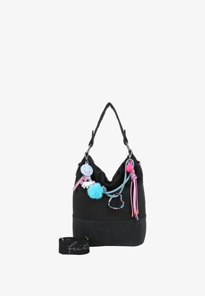 Sac seau en tissu noir avec une finition texturée, orné de charms colorés et de cordons, et doté d'une bandoulière ajustable avec le texte "fruit".