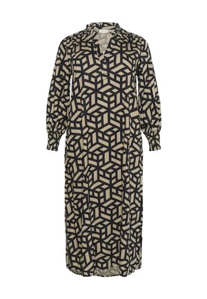 Long, beige dress with a black 3D cube pattern. Features a notched collar and gathered sleeve cuffs. Soft fabric with a relaxed fit.
