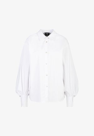 White cotton shirt with a classic collar, front button closure, and oversized, puffy sleeves. Smooth texture and tailored fit.