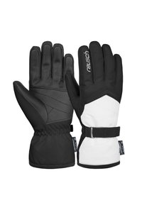 Gants d'hiver noir et blanc avec une paume en cuir et un corps en tissu doux, présentant un design structuré et des sangles de poignet ajustables.