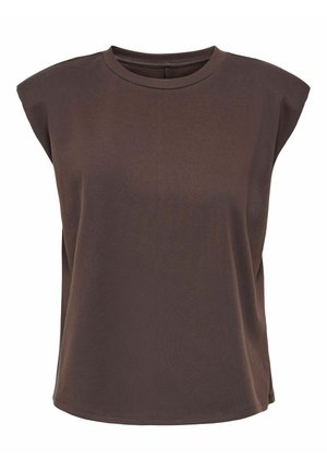 Haut sans manches marron foncé avec un col rond et des épaules rembourrées, présenté sur fond blanc.