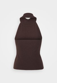 Brun ærmeløs top med høj krave, der har en nøglehullet udskæring bagpå og et tætsiddende design lavet af et blødt, tekstureret strikstof.