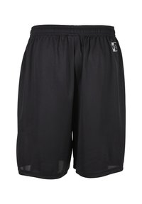 Short de sport noir avec une ceinture élastique et un petit logo blanc sur le côté supérieur droit, en tissu léger et respirant.