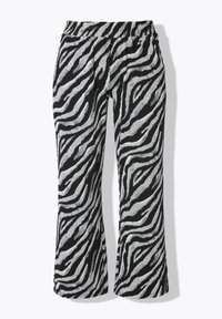 Zwart en grijs gestreepte broek met een elastische tailleband, voorzien van een uitlopende broekspijp en een zachte textuur.