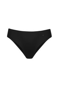 Czarny dół bikini wykonany z gładkiego elastycznego materiału. Posiada niski krój z czystymi szwami oraz mały akcent logo z boku.