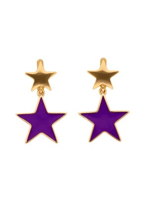 Arany csillag alakú fülbevaló, alatta nagyobb lila csillag alakú medállal, mely aranyszegélyezéssel díszített.
