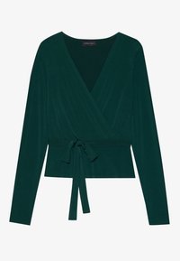 Crop top od tamnozelene tkanine s dugim rukavima, s V-izrezom i podesivim vezivanjem u struku za prilagođeni izgled. Mekana tekstura.