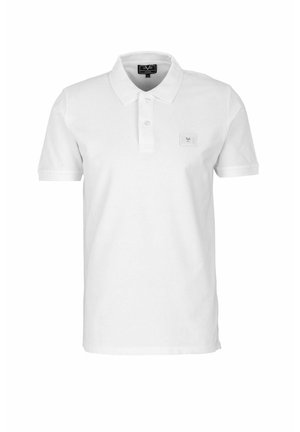 Weißes Polo-Shirt aus Baumwolle, mit klassischem Kragen, drei Knöpfen, kurzen Ärmeln und einem kleinen Markenlabel auf der Brust.