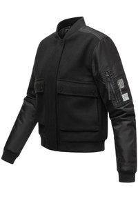 Black bomber jacket featuring a wool body with black nylon sleeves, ribbed cuffs and collar, two front pockets, and a zippered arm pocket.