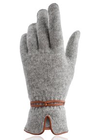 Graue Strickhandschuhe mit strukturierter Oberfläche, lederner Akzent am Handgelenk und einem offenen Manschettendesign mit abgerundetem Saum.