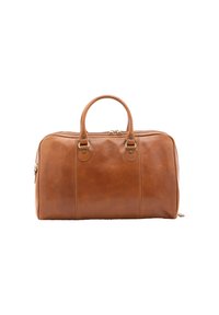 Sac de voyage en cuir marron avec des poignées arrondies, matériel doré, forme structurée et accents contrastés cousus sur les côtés.