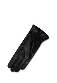 Schwarze Lederhandschuhe mit gerafftem Handgelenk, drei Segmenten für die Finger und einer glatten Textur mit subtilen Nahtdetails.
