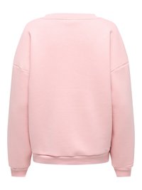 Sweat-shirt rose clair à manches longues avec poignets et taille côtelés, montré de dos avec un col rond montant.