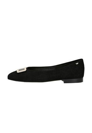 Black suede ballet flat with a pointed toe, featuring a gold-tone square buckle detail on the vamp and a flat black sole.