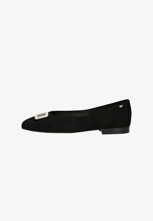Black suede ballet flat with a pointed toe, featuring a gold-tone square buckle detail on the vamp and a flat black sole.