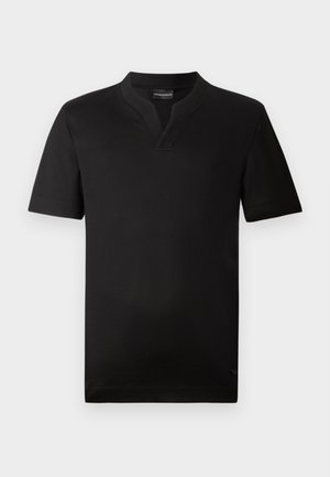 Black short-sleeve t-shirt made of smooth fabric with a v-neck collar and a straight hem. No visible patterns or accents.