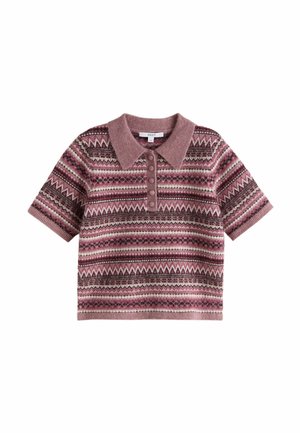 Koszulka polo z krótkim rękawem, dzianinowa, z geometrycznym wzorem Fair Isle w kolorach różowym, fioletowym i białym oraz plisą zapinaną na guziki.