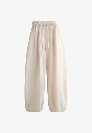 Lockere, beige Leinenhose mit weitem Bein, elastischem Bund und Kordelzug, verkürzte Länge und kleine Falten an den Säumen.