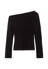 Crni baršunasti top dugih rukava s jednim ramenom, ukrašen raspršenim bijelim detaljima, meke teksture i prilagođenog siluete.