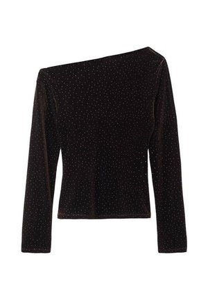 Sort fløjl langærmet top med design på den ene skulder, prydet med spredte hvide dekorationer, blød tekstur og tætsiddende silhuet.