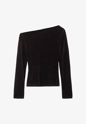 Top din catifea neagră cu mânecă lungă și design pe un umăr, având aplicații albe dispersate, textură moale și siluetă ajustată.