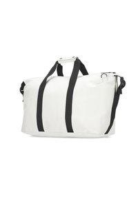 White duffel bag with black straps, featuring a rectangular shape, smooth texture, and zippered closure. Accents include a side pocket and handle.