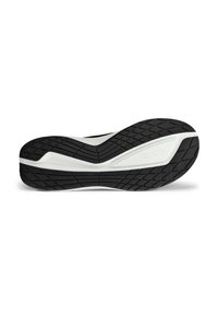 Semelle de sneaker noire et blanche avec un motif en caoutchouc texturé, présentant un design courbé et une marque bien visible sur le côté.