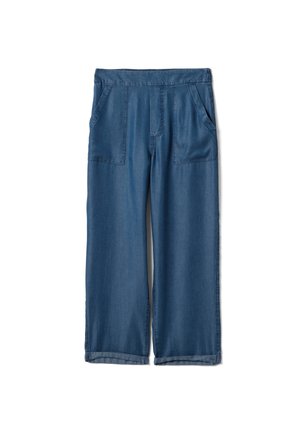 Pantalon en jean bleu taille haute à jambes larges, avec poches plaquées devant et ourlets retroussés.