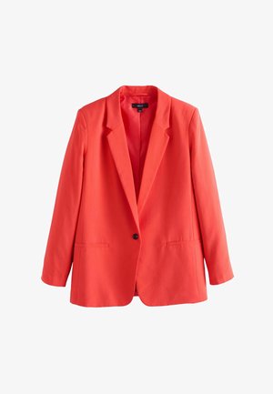 Korallivärvi ühe nupuga bleiser, millel on sisselõigatud rinnataskud ja kaks eesmist pesataskut, valgel taustal.