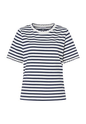 Chemise blanche à manches courtes avec des rayures horizontales bleu marine et des bords festonnés aux manches et à l'encolure.