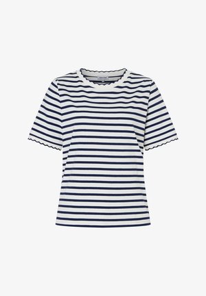 Weißes kurzärmeliges Hemd mit marineblauen horizontalen Streifen und gewellten Abschlüssen an Ärmeln und Halslinie.