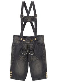 Shorts di jeans con bretelle regolabili, grigi con ricami dettagliati, dotati di una patta sul taschino anteriore e bottoni decorativi sui lati.