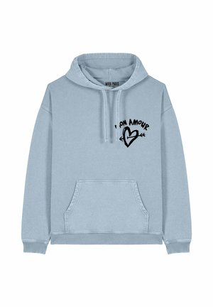 Felpa con cappuccio di colore azzurro chiaro, realizzata in cotone, con tasca frontale, polsini a costine e una grafica con la scritta "L'AMOUR" e un design a forma di cuore.