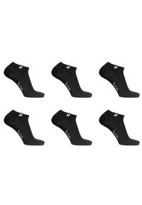 Chaussettes noires montant à la cheville en tissu doux. Chaque chaussette présente un sommet courbé et un logo discret près de la cheville. Six paires affichées ensemble.