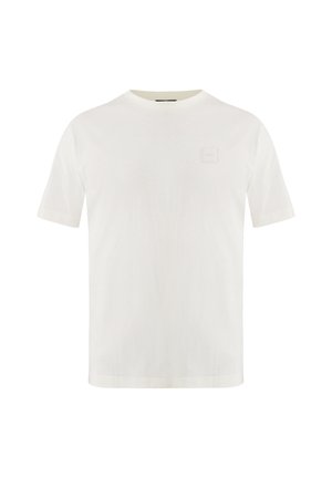 Kortemouwen witte t-shirt van zacht materiaal. Voorzien van een ronde hals en een klein vierkant logo aan de voorkant. Eenvoudig en minimalistisch ontwerp.